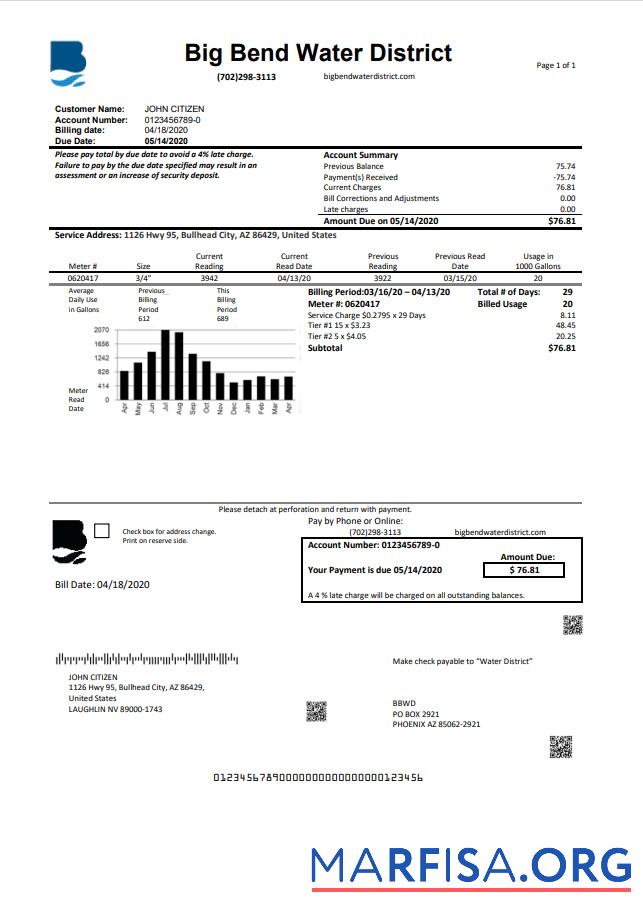 Realistic USA Nevada Big Bend Water District utility bill template in Word and PDF format